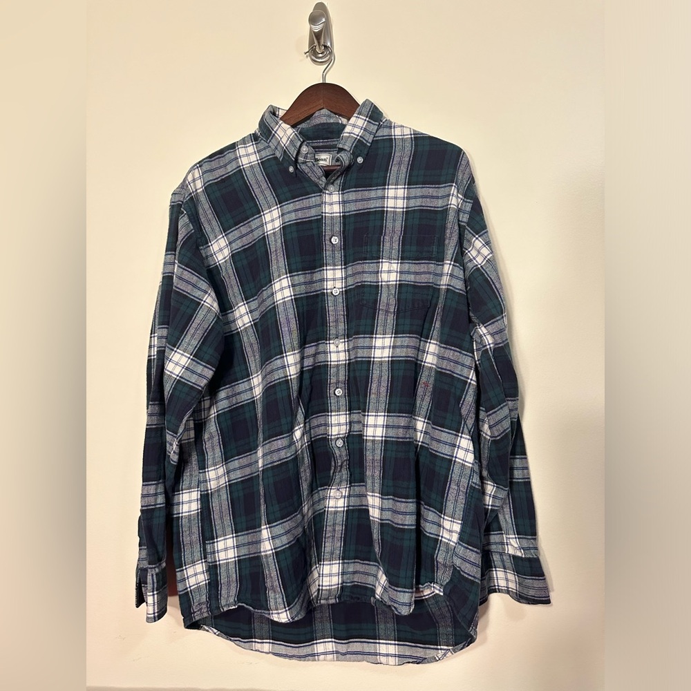 VTG LL Bean Shirt Mens Large Green Flannel Plaid